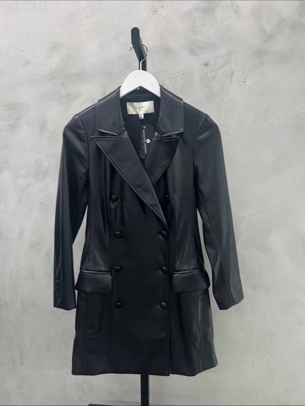 Cami NYC Black Double-Breasted Faux Leather Coat like new